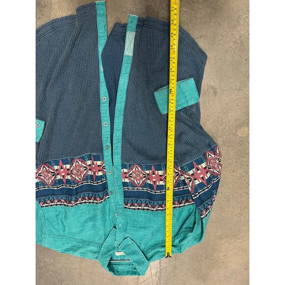 Free People Badlands Western Print Denim Mix Shirt Button Down Size XL - Picture 2 of 4